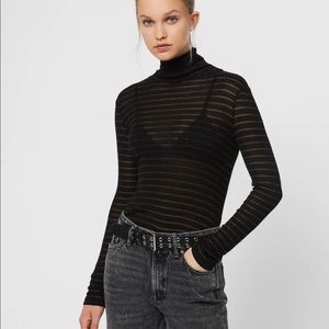 Allsaints Esme Shimmer Stripe Roll Neck Top Brown and Black Size Medium